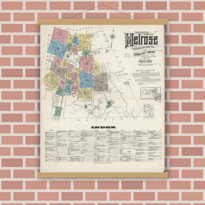 Old map wall art mockup — magnetic wood frame on brick wall — Sanborn Fire Insurance Map from Melrose, Middlesex County, Massachusetts (1915), Sheet #0001