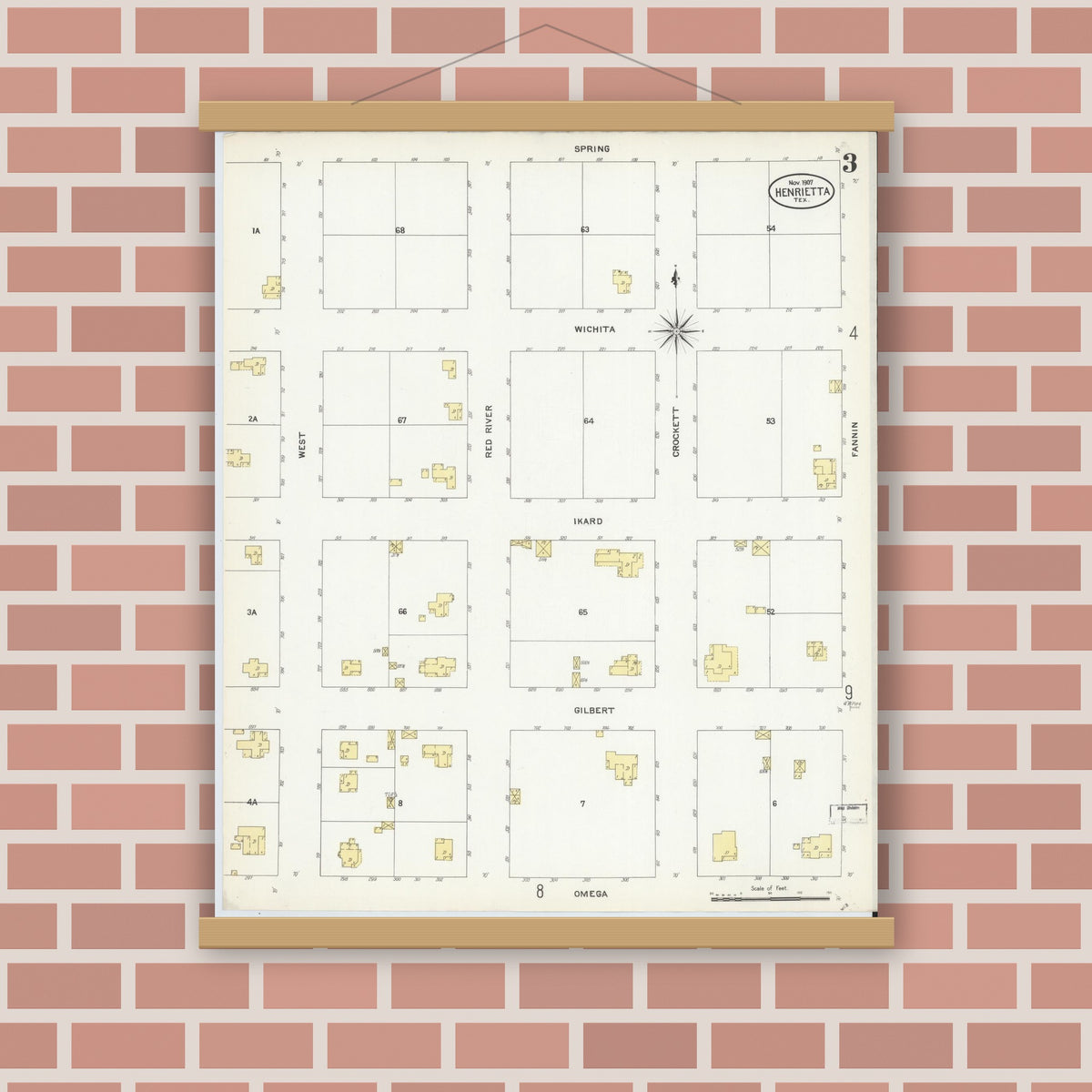 Old map wall art mockup — magnetic wood frame on brick wall — Sanborn Fire Insurance Map from Henrietta, Clay County, Texas (1907), Sheet #0003