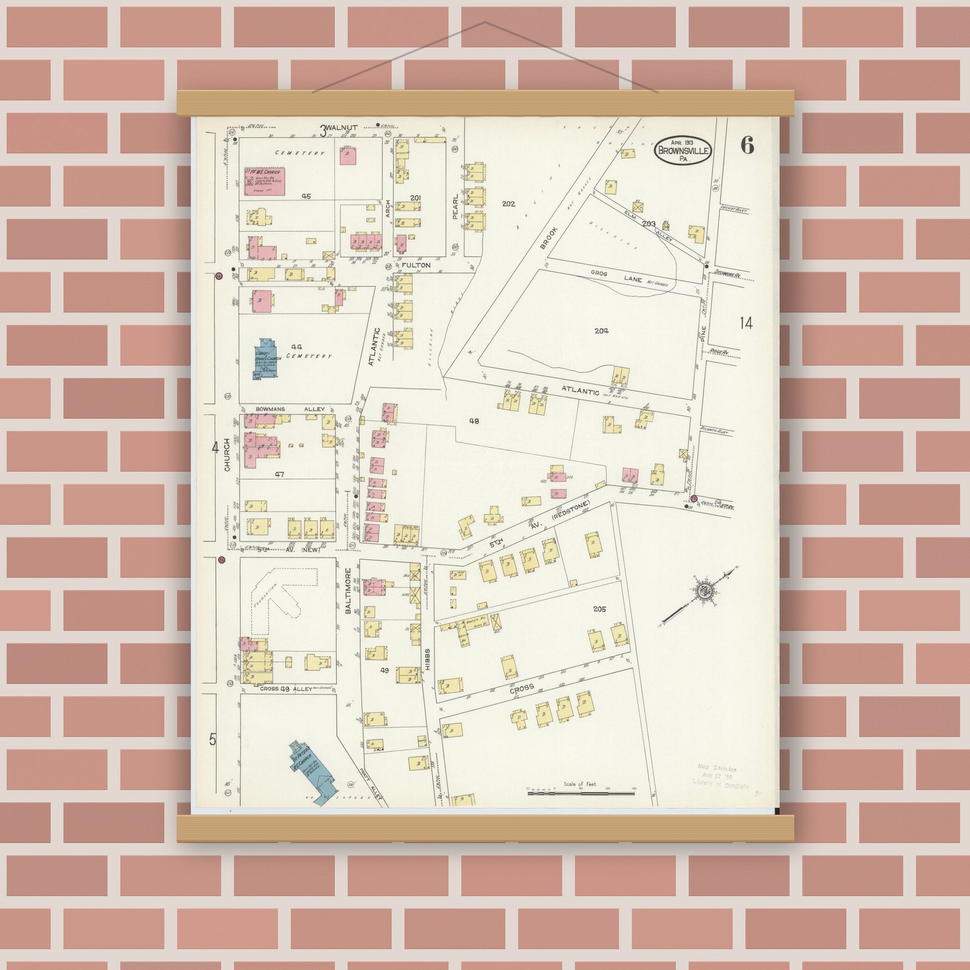Old map wall art mockup — magnetic wood frame on brick wall — Sanborn Fire Insurance Map from Brownsville, Fayette County, Pennsylvania (1913), Sheet #0006