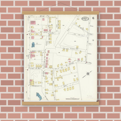Old map wall art mockup — magnetic wood frame on brick wall — Sanborn Fire Insurance Map from Brownsville, Fayette County, Pennsylvania (1913), Sheet #0006