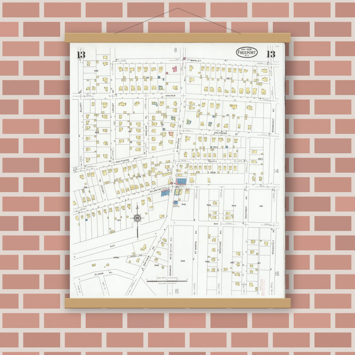 Old map wall art mockup — magnetic wood frame on brick wall — Sanborn Fire Insurance Map from Freeport, Nassau County, New York (1928), Sheet #0013