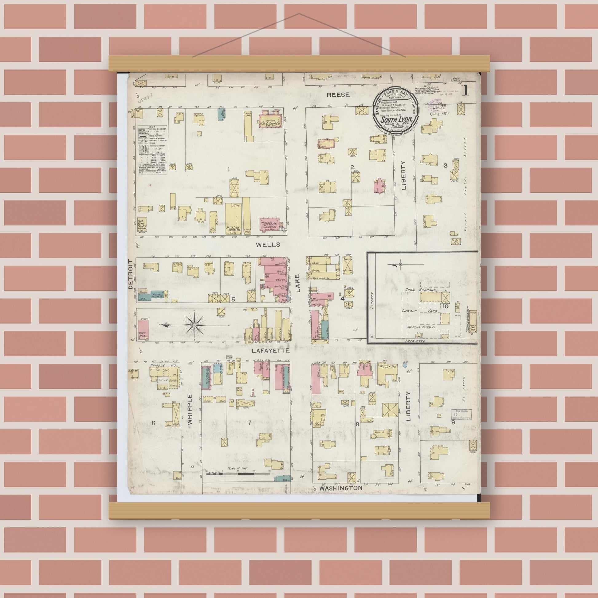 Old map wall art mockup — magnetic wood frame on brick wall — Sanborn Fire Insurance Map from South Lyon, Oakland County, Michigan (1893), Sheet #0001