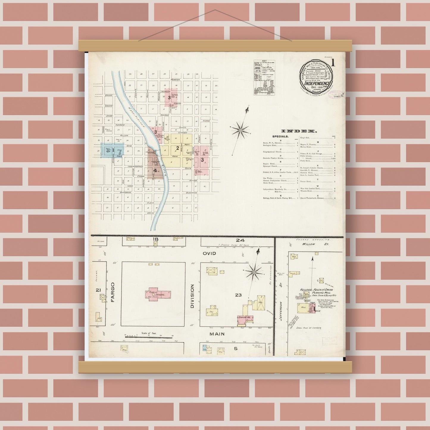 Old map wall art mockup — magnetic wood frame on brick wall — Sanborn Fire Insurance Map from Independence, Buchanan County, Iowa (1885) â€” Complete Set