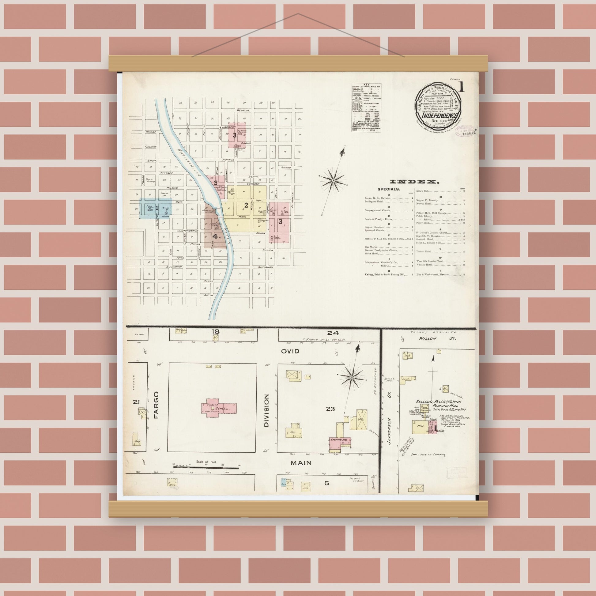 Old map wall art mockup — magnetic wood frame on brick wall — Sanborn Fire Insurance Map from Independence, Buchanan County, Iowa (1885) â€” Complete Set