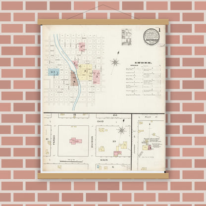 Old map wall art mockup — magnetic wood frame on brick wall — Sanborn Fire Insurance Map from Independence, Buchanan County, Iowa (1885) â€” Complete Set