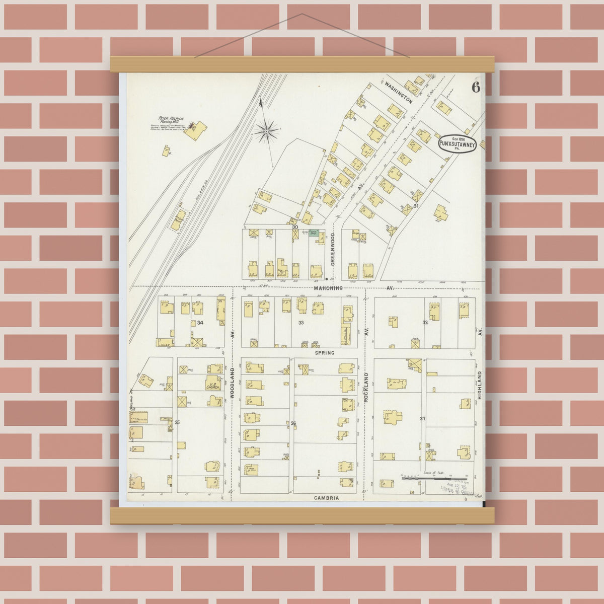 Old map wall art mockup — magnetic wood frame on brick wall — Sanborn Fire Insurance Map from Punxsutawney, Jefferson County, Pennsylvania (1896), Sheet #0006