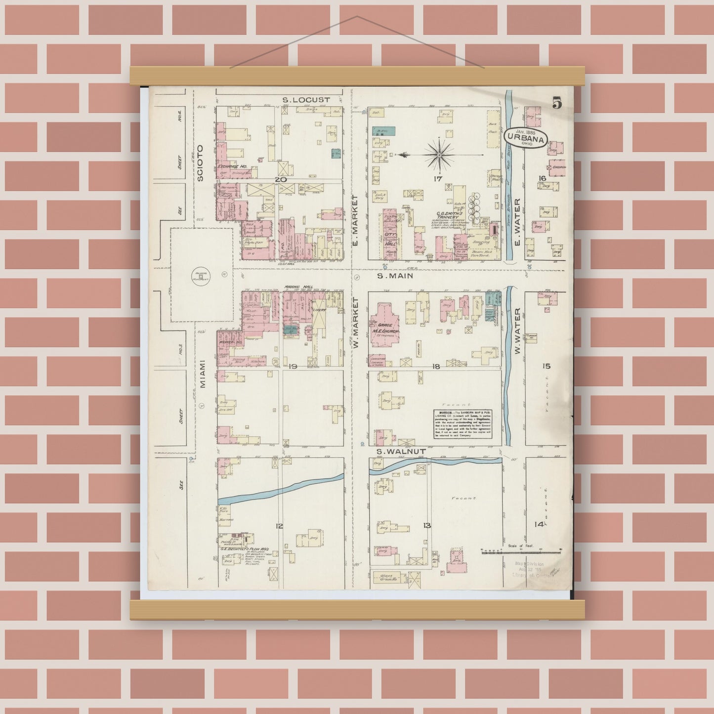 Old map wall art mockup — magnetic wood frame on brick wall — Sanborn Fire Insurance Map from Urbana, Champaign County, Ohio (1885), Sheet #0005