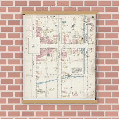 Old map wall art mockup — magnetic wood frame on brick wall — Sanborn Fire Insurance Map from Urbana, Champaign County, Ohio (1885), Sheet #0005