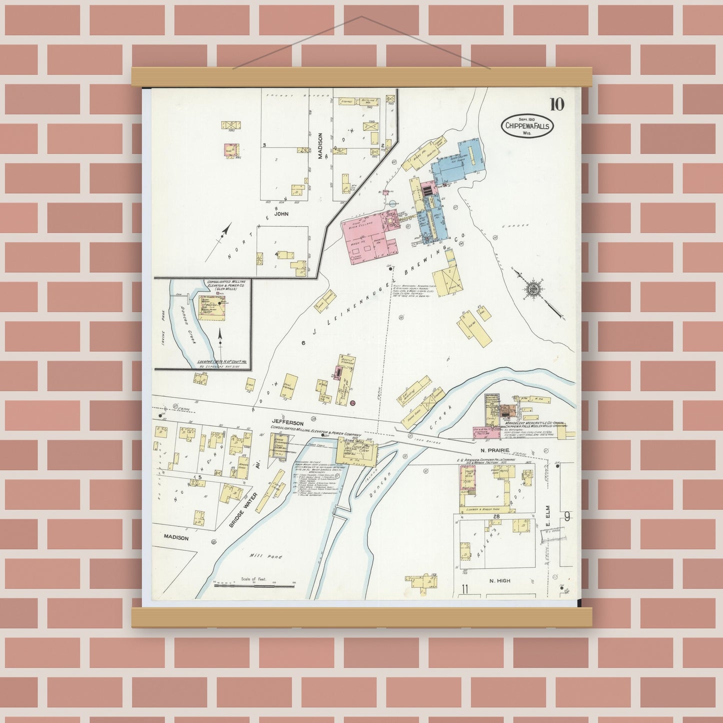 Old map wall art mockup — magnetic wood frame on brick wall — Sanborn Fire Insurance Map from Chippewa Falls, Chippewa County, Wisconsin (1910), Sheet #0010