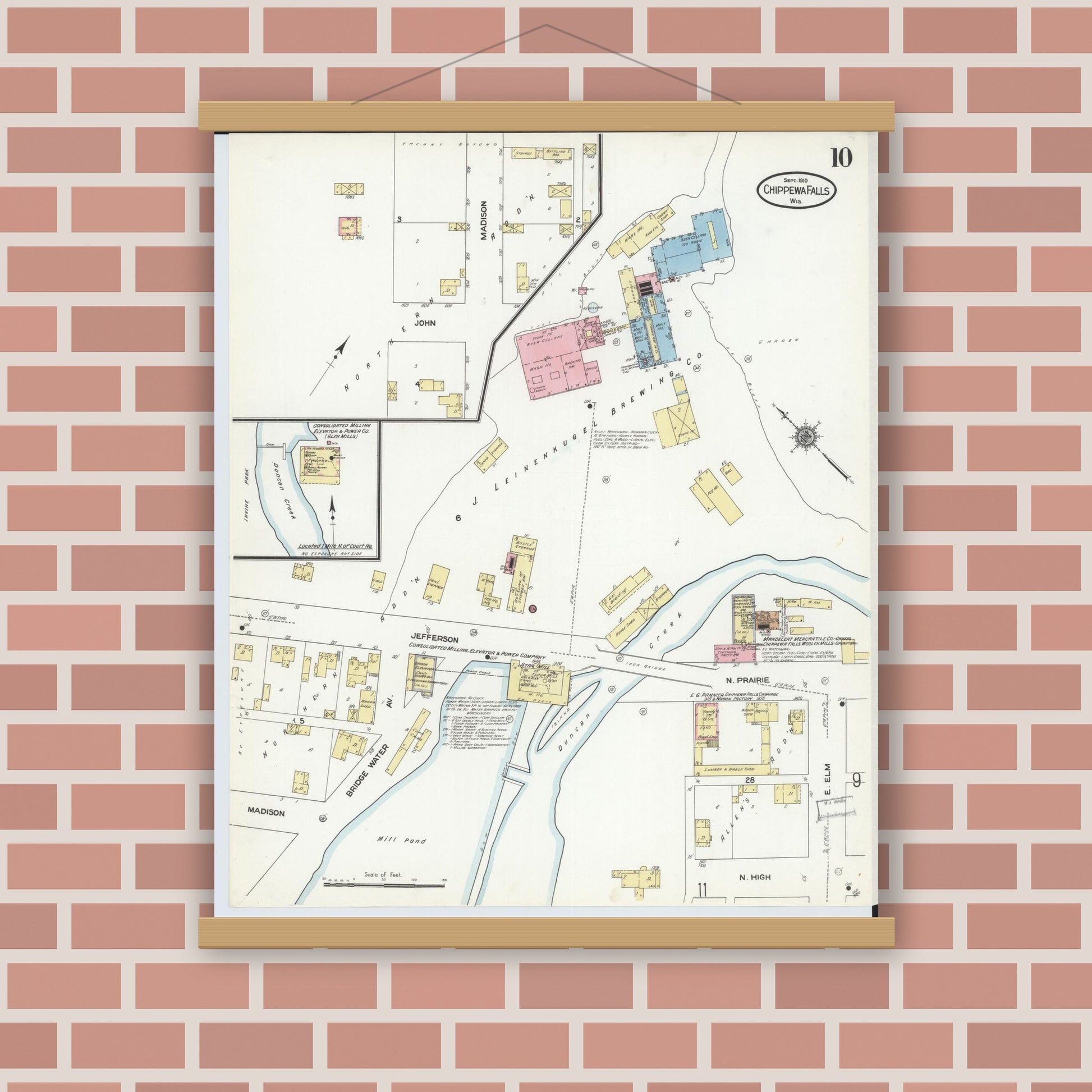 Old map wall art mockup — magnetic wood frame on brick wall — Sanborn Fire Insurance Map from Chippewa Falls, Chippewa County, Wisconsin (1910), Sheet #0010