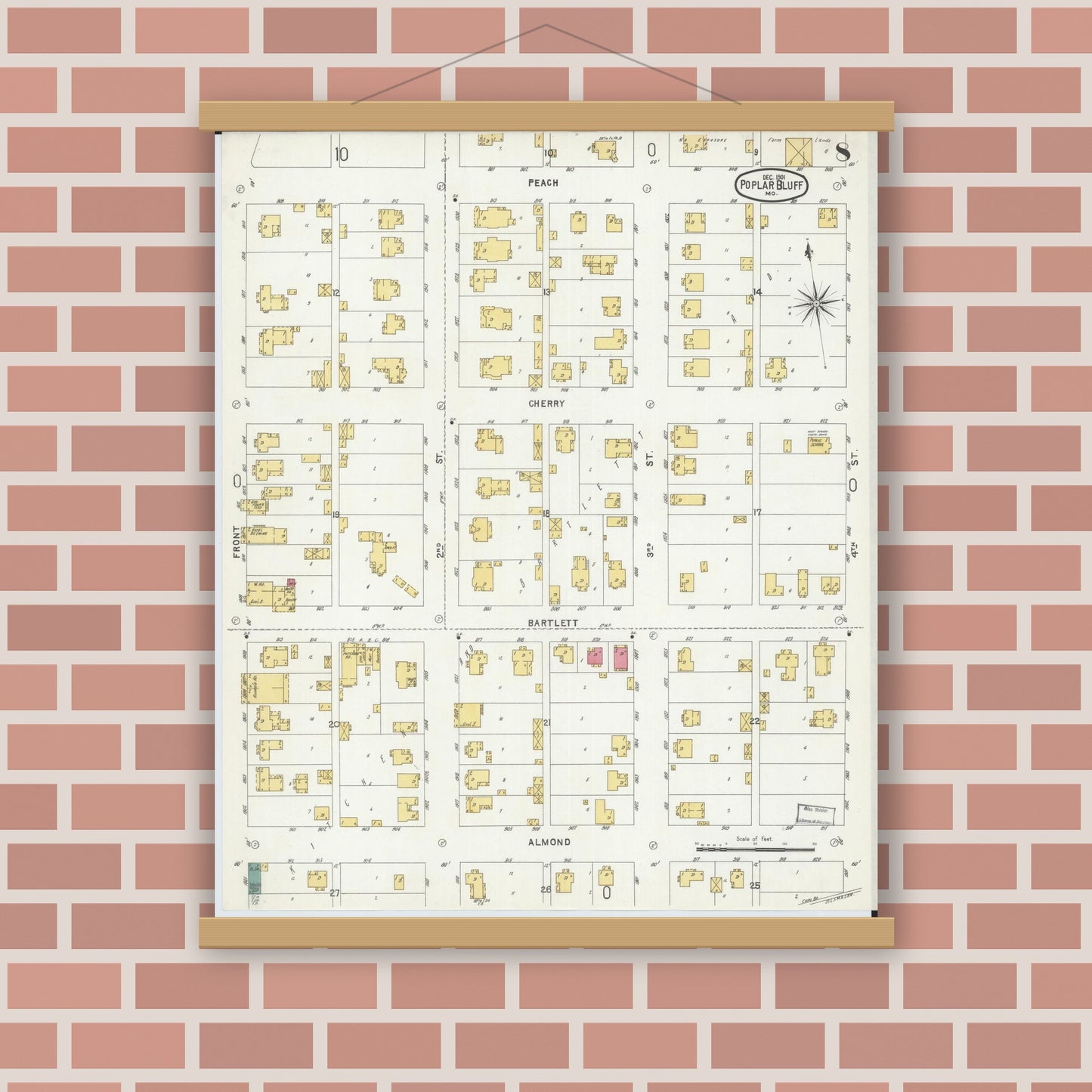 Old map wall art mockup — magnetic wood frame on brick wall — Sanborn Fire Insurance Map from Poplar Bluff, Butler County, Missouri (1901), Sheet #0008