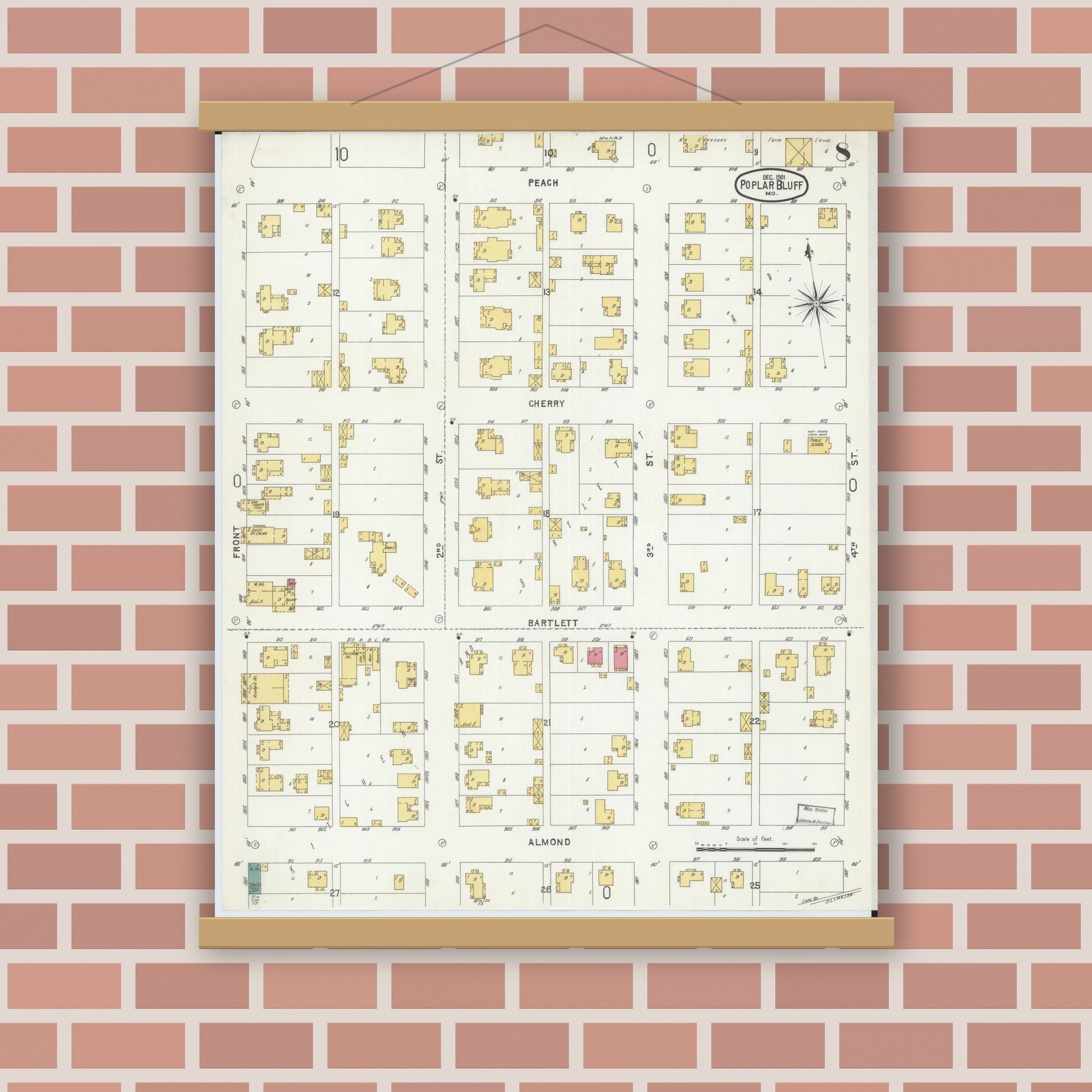 Old map wall art mockup — magnetic wood frame on brick wall — Sanborn Fire Insurance Map from Poplar Bluff, Butler County, Missouri (1901), Sheet #0008