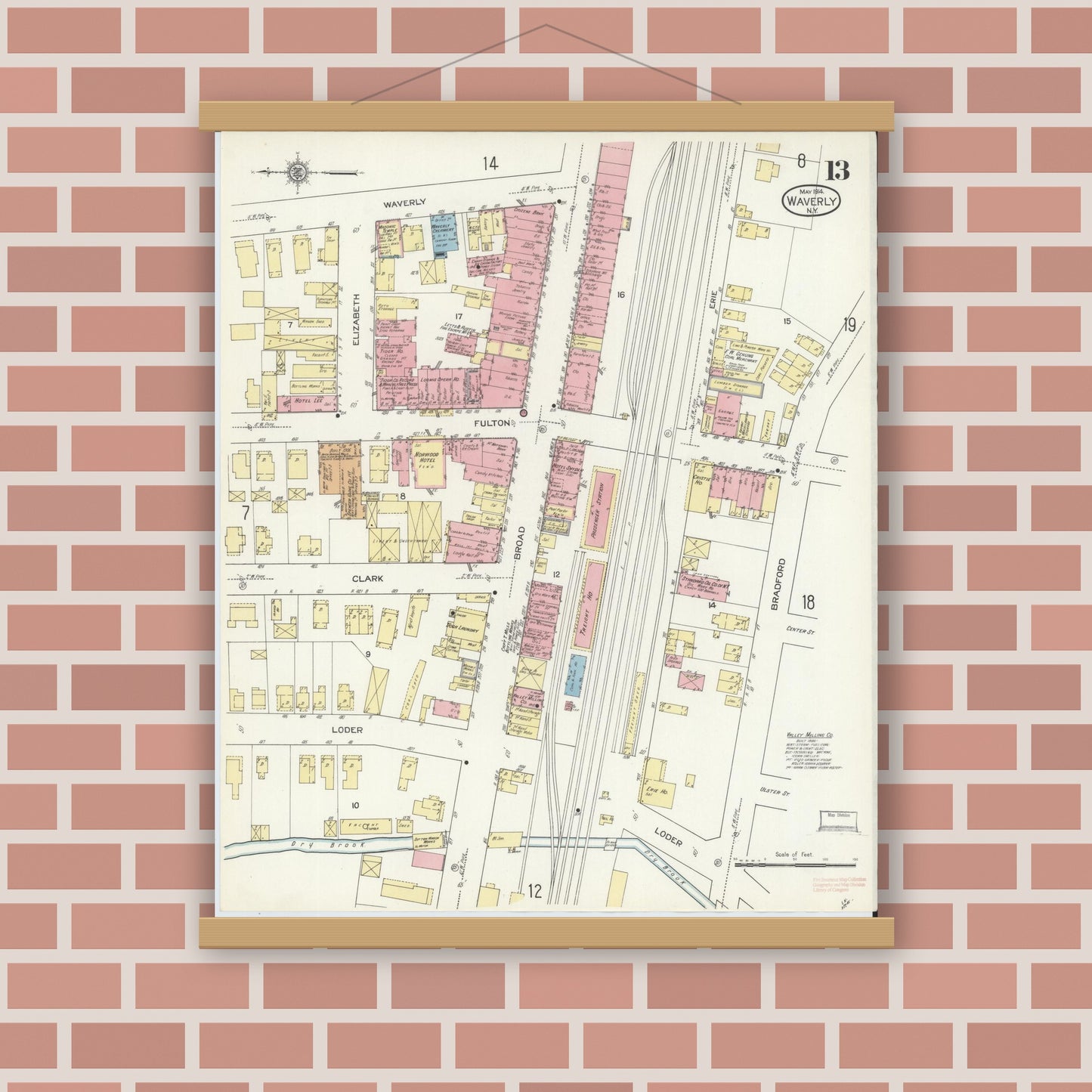 Old map wall art mockup — magnetic wood frame on brick wall — Sanborn Fire Insurance Map from Waverly, Tioga County, New York (1914), Sheet #0013