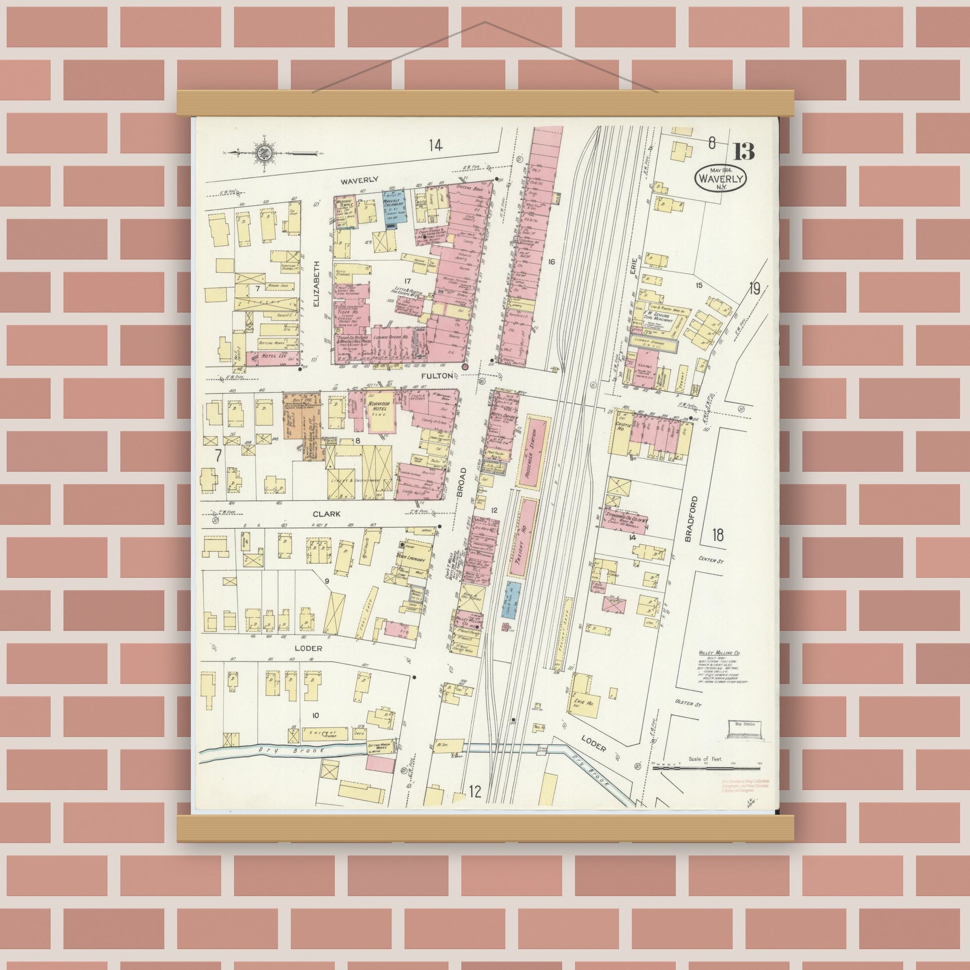 Old map wall art mockup — magnetic wood frame on brick wall — Sanborn Fire Insurance Map from Waverly, Tioga County, New York (1914), Sheet #0013