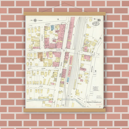 Old map wall art mockup — magnetic wood frame on brick wall — Sanborn Fire Insurance Map from Waverly, Tioga County, New York (1914), Sheet #0013