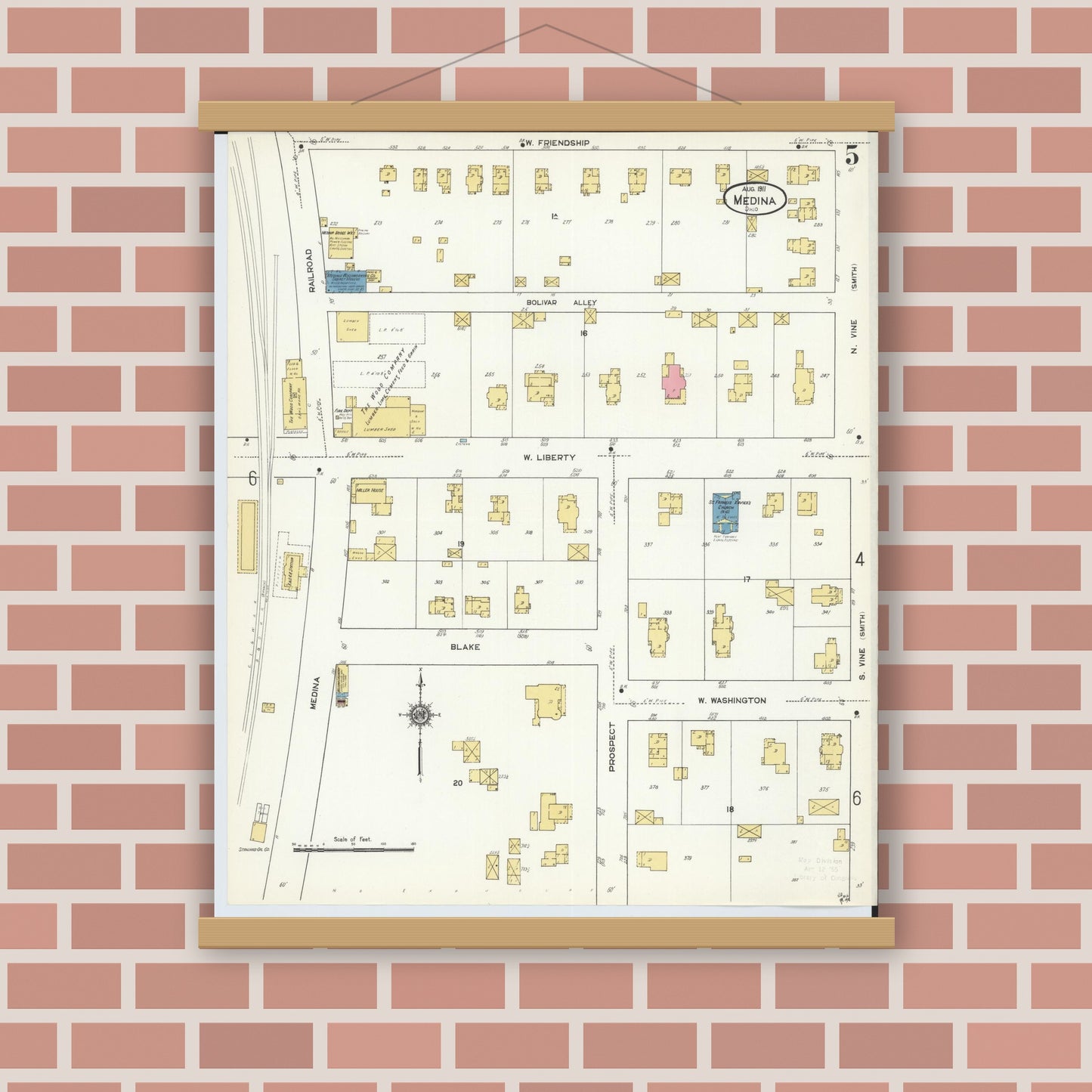 Old map wall art mockup — magnetic wood frame on brick wall — Sanborn Fire Insurance Map from Medina, Medina County, Ohio (1911), Sheet #0005
