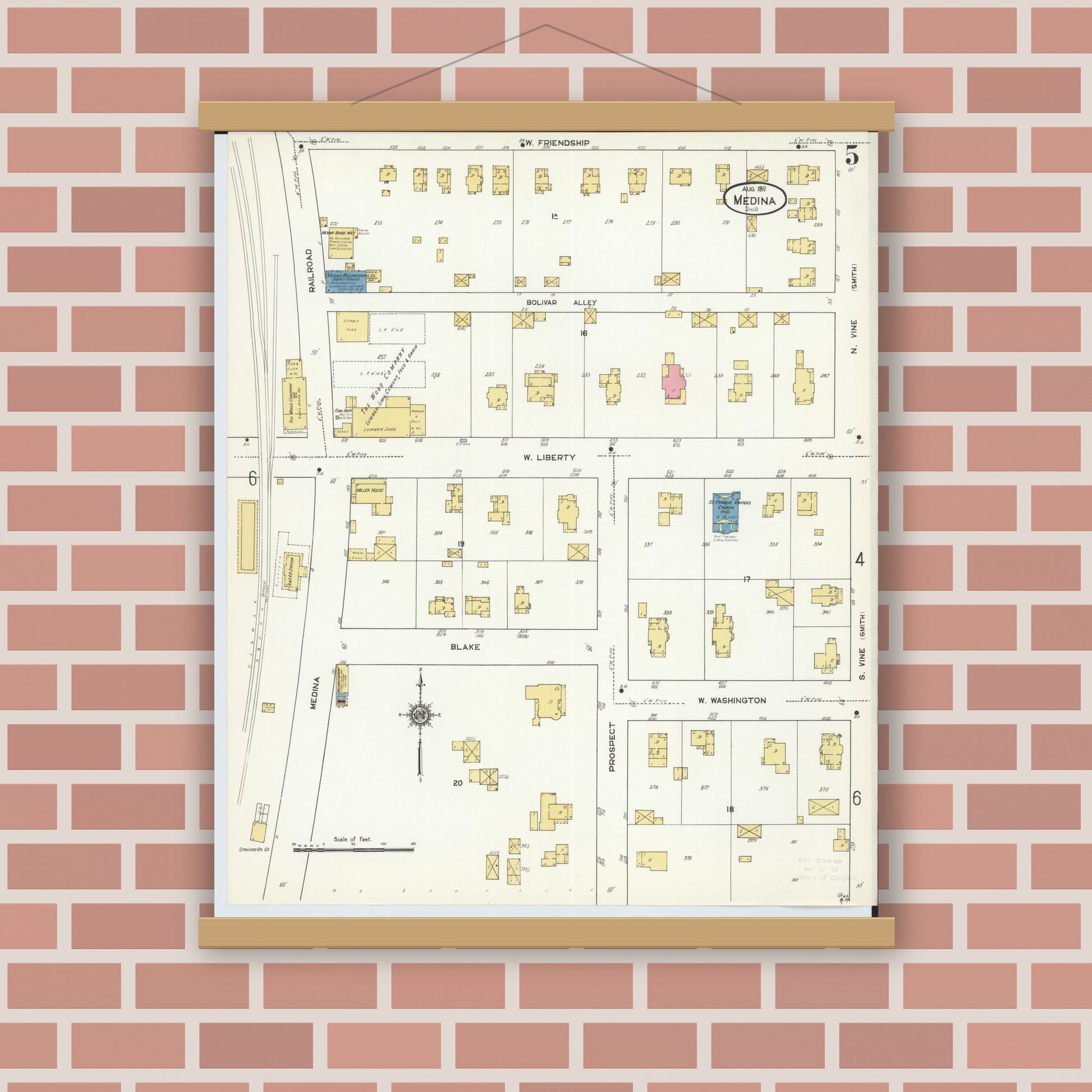 Old map wall art mockup — magnetic wood frame on brick wall — Sanborn Fire Insurance Map from Medina, Medina County, Ohio (1911), Sheet #0005