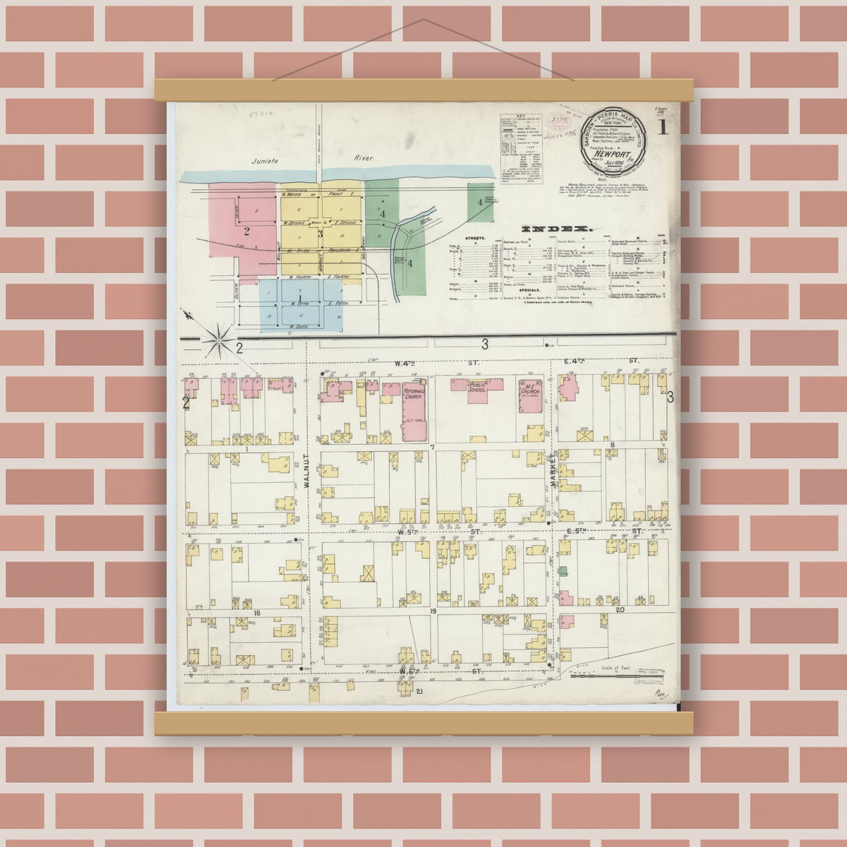 Old map wall art mockup — magnetic wood frame on brick wall — Sanborn Fire Insurance Map from Newport, Perry County, Pennsylvania (1896) - Complete Map Set