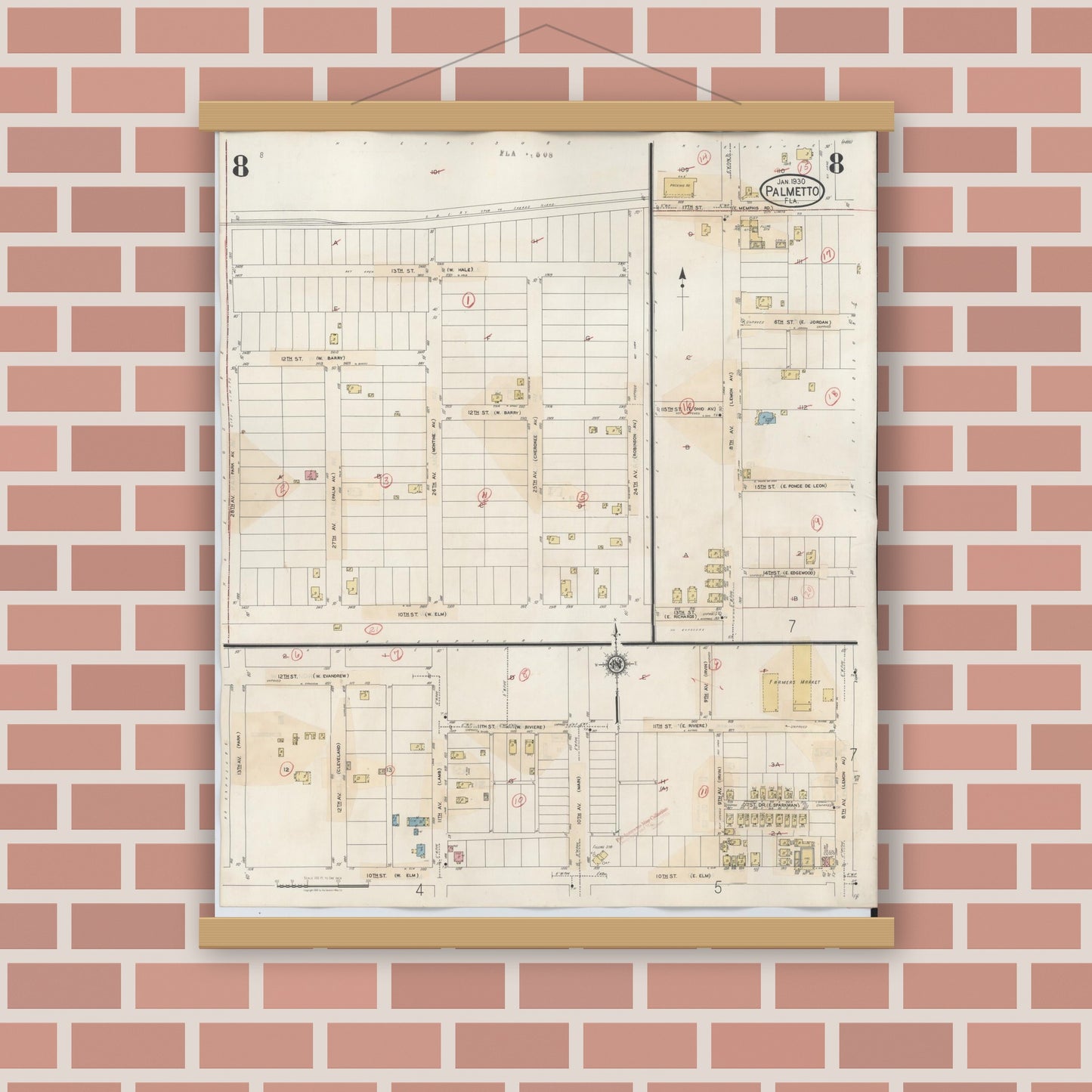 Old map wall art mockup — magnetic wood frame on brick wall — Sanborn Fire Insurance Map from Palmetto, Manatee County, Florida (1944), Sheet #0008