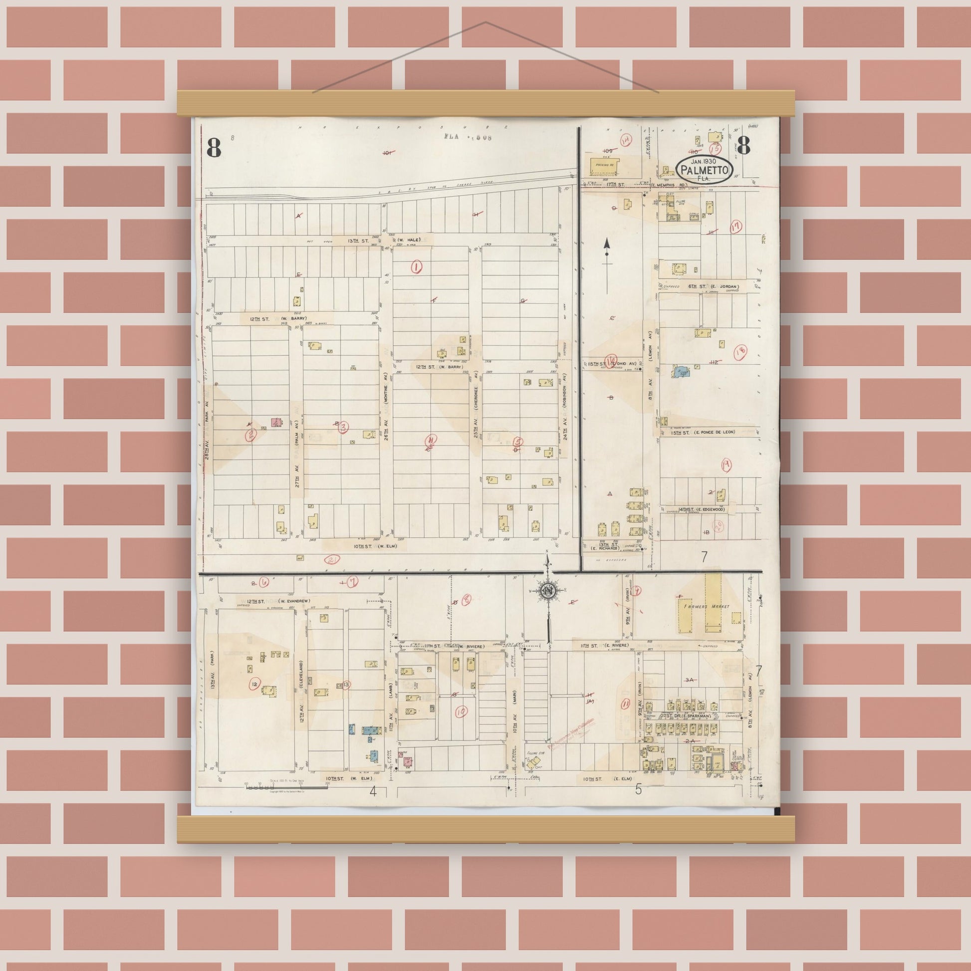 Old map wall art mockup — magnetic wood frame on brick wall — Sanborn Fire Insurance Map from Palmetto, Manatee County, Florida (1944), Sheet #0008