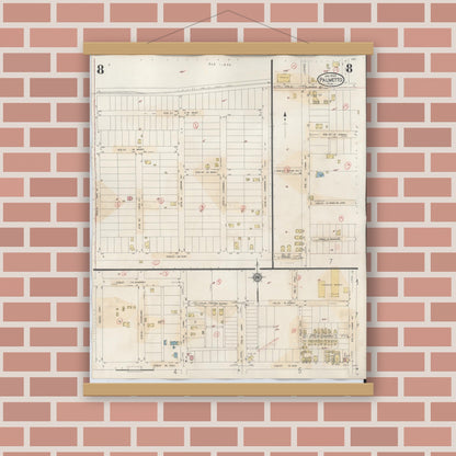 Old map wall art mockup — magnetic wood frame on brick wall — Sanborn Fire Insurance Map from Palmetto, Manatee County, Florida (1944), Sheet #0008