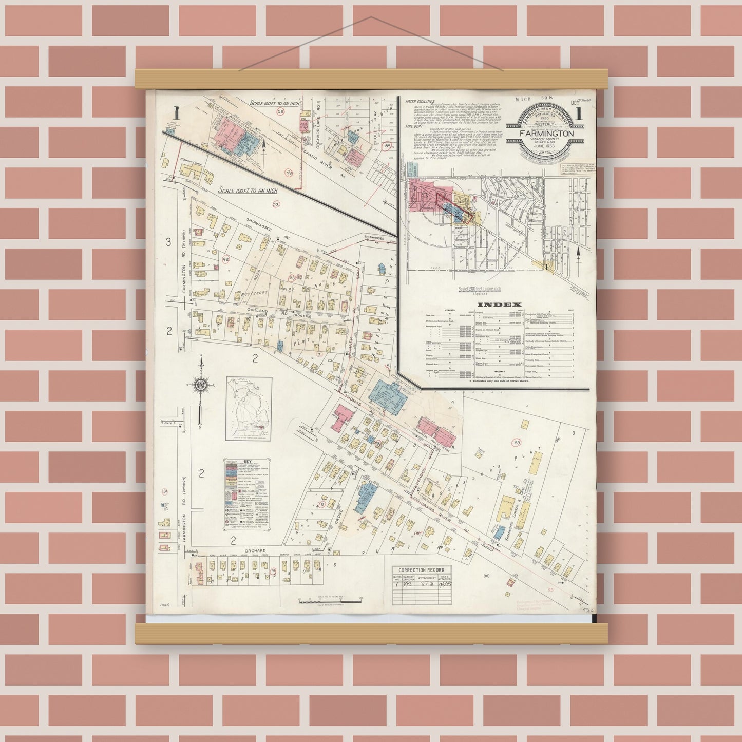 Old map wall art mockup — magnetic wood frame on brick wall — Sanborn Fire Insurance Map from Farmington, Oakland County, Michigan (1943), Sheet #0001