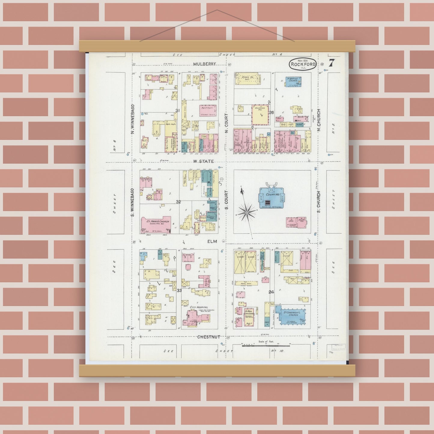 Old map wall art mockup — magnetic wood frame on brick wall — Sanborn Fire Insurance Map from Rockford, Winnebago County, Illinois (1891), Sheet #0007