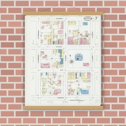 Old map wall art mockup — magnetic wood frame on brick wall — Sanborn Fire Insurance Map from Rockford, Winnebago County, Illinois (1891), Sheet #0007