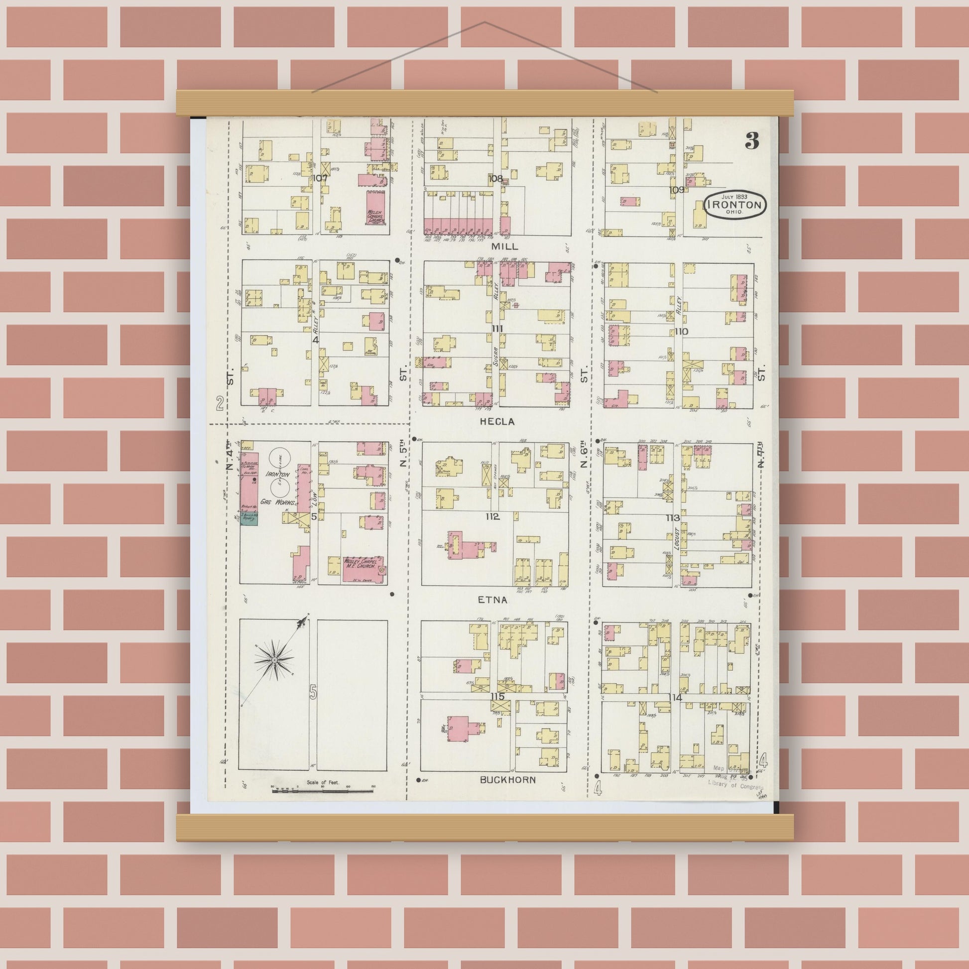 Old map wall art mockup — magnetic wood frame on brick wall — Sanborn Fire Insurance Map from Ironton, Lawrence County, Ohio (1893), Sheet #0003