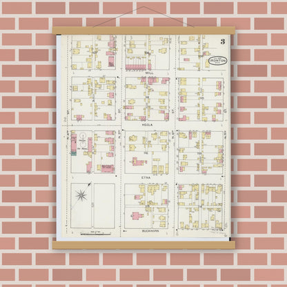 Old map wall art mockup — magnetic wood frame on brick wall — Sanborn Fire Insurance Map from Ironton, Lawrence County, Ohio (1893), Sheet #0003