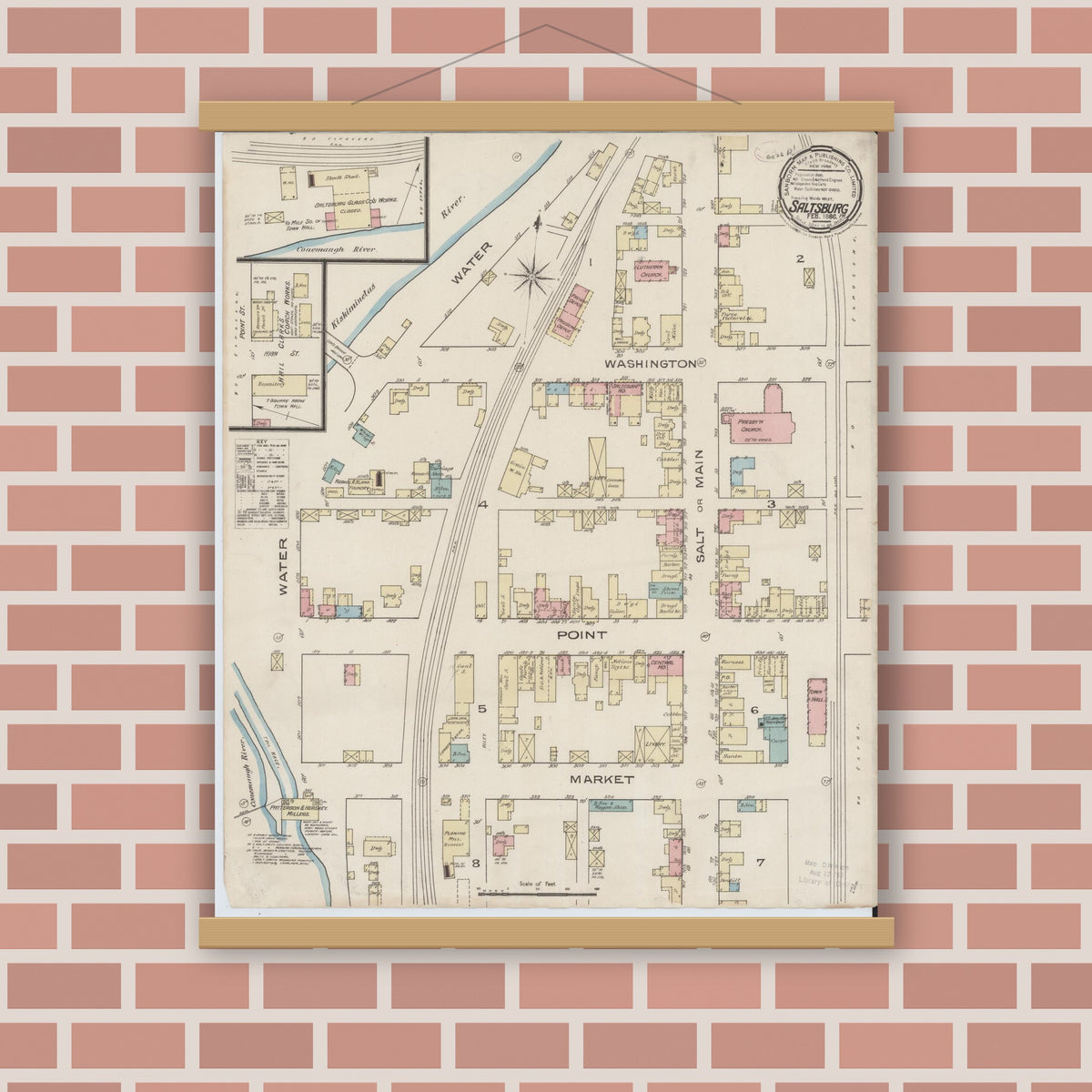 Old map wall art mockup — magnetic wood frame on brick wall — Sanborn Fire Insurance Map from Saltsburg, Indiana County, Pennsylvania (1886), Sheet #0001