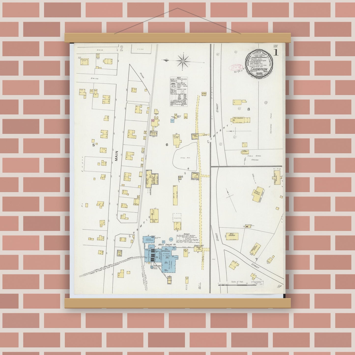 Old map wall art mockup — magnetic wood frame on brick wall — Sanborn Fire Insurance Map from Champion, Marquette County, Michigan (1892) - Complete Map Set