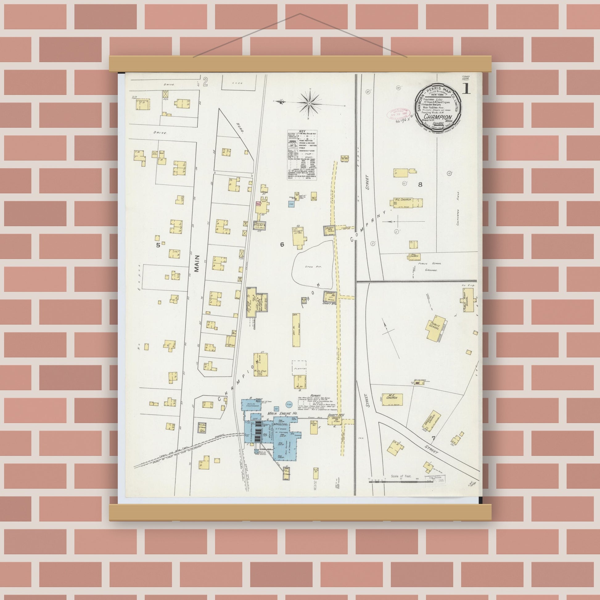 Old map wall art mockup — magnetic wood frame on brick wall — Sanborn Fire Insurance Map from Champion, Marquette County, Michigan (1892) - Complete Map Set