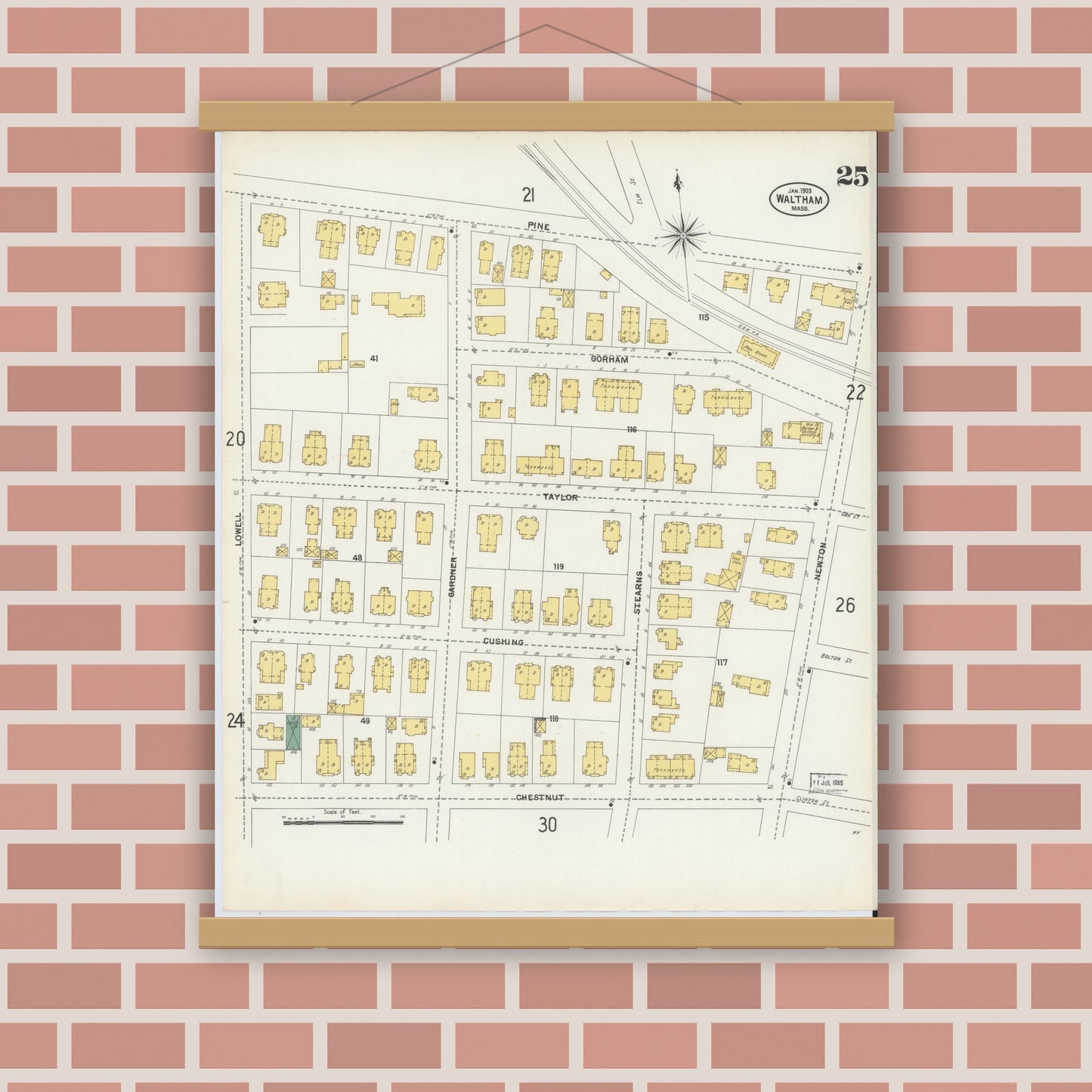 Old map wall art mockup — magnetic wood frame on brick wall — Sanborn Fire Insurance Map from Waltham, Middlesex County, Massachusetts (1903), Sheet #0025