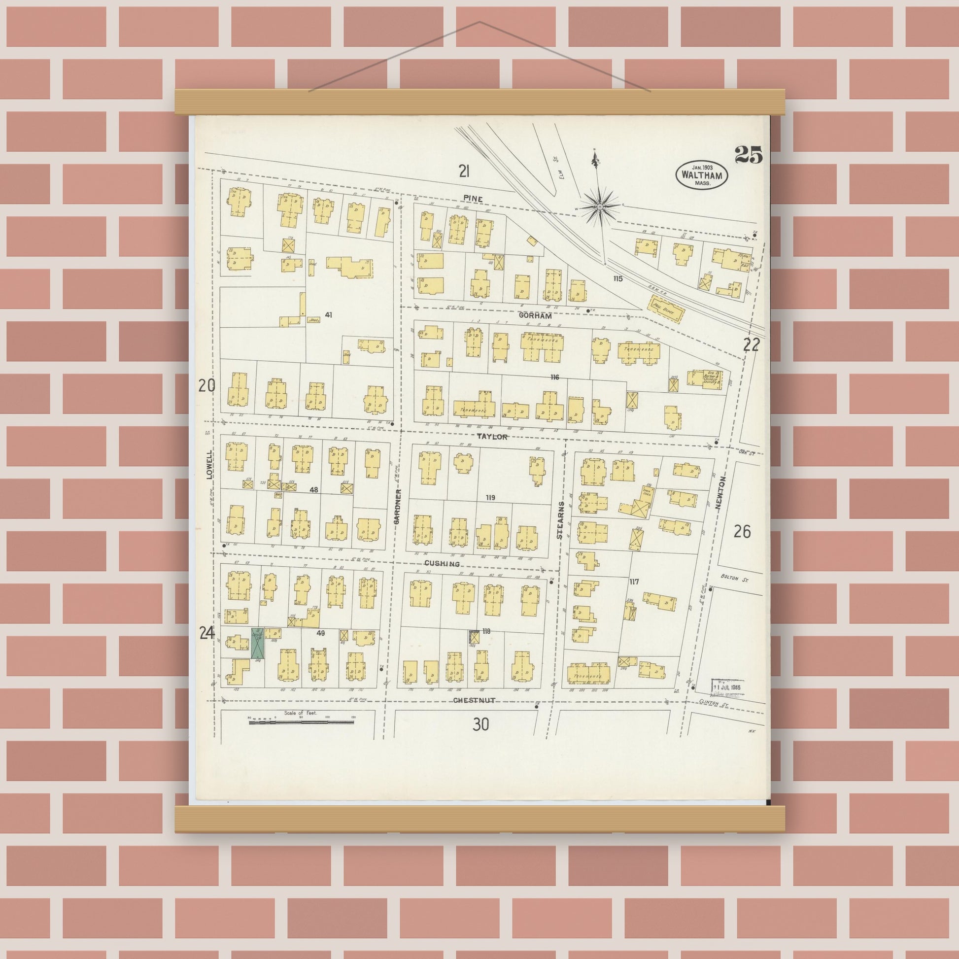 Old map wall art mockup — magnetic wood frame on brick wall — Sanborn Fire Insurance Map from Waltham, Middlesex County, Massachusetts (1903), Sheet #0025