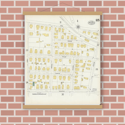 Old map wall art mockup — magnetic wood frame on brick wall — Sanborn Fire Insurance Map from Waltham, Middlesex County, Massachusetts (1903), Sheet #0025