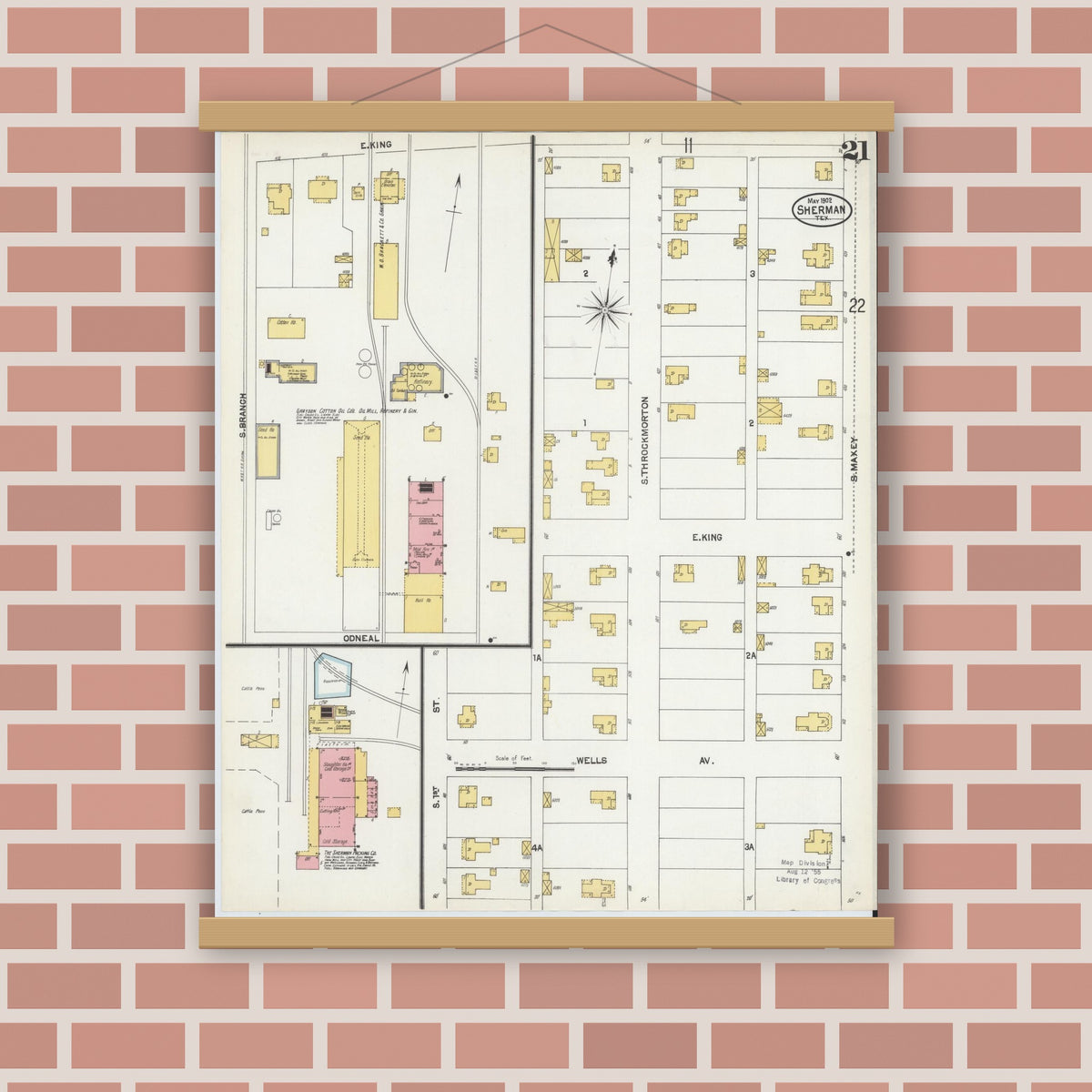 Old map wall art mockup — magnetic wood frame on brick wall — Sanborn Fire Insurance Map from Sherman, Grayson County, Texas (1902), Sheet #0021