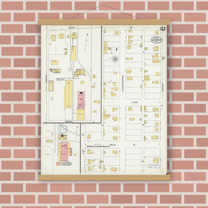 Old map wall art mockup — magnetic wood frame on brick wall — Sanborn Fire Insurance Map from Sherman, Grayson County, Texas (1902), Sheet #0021
