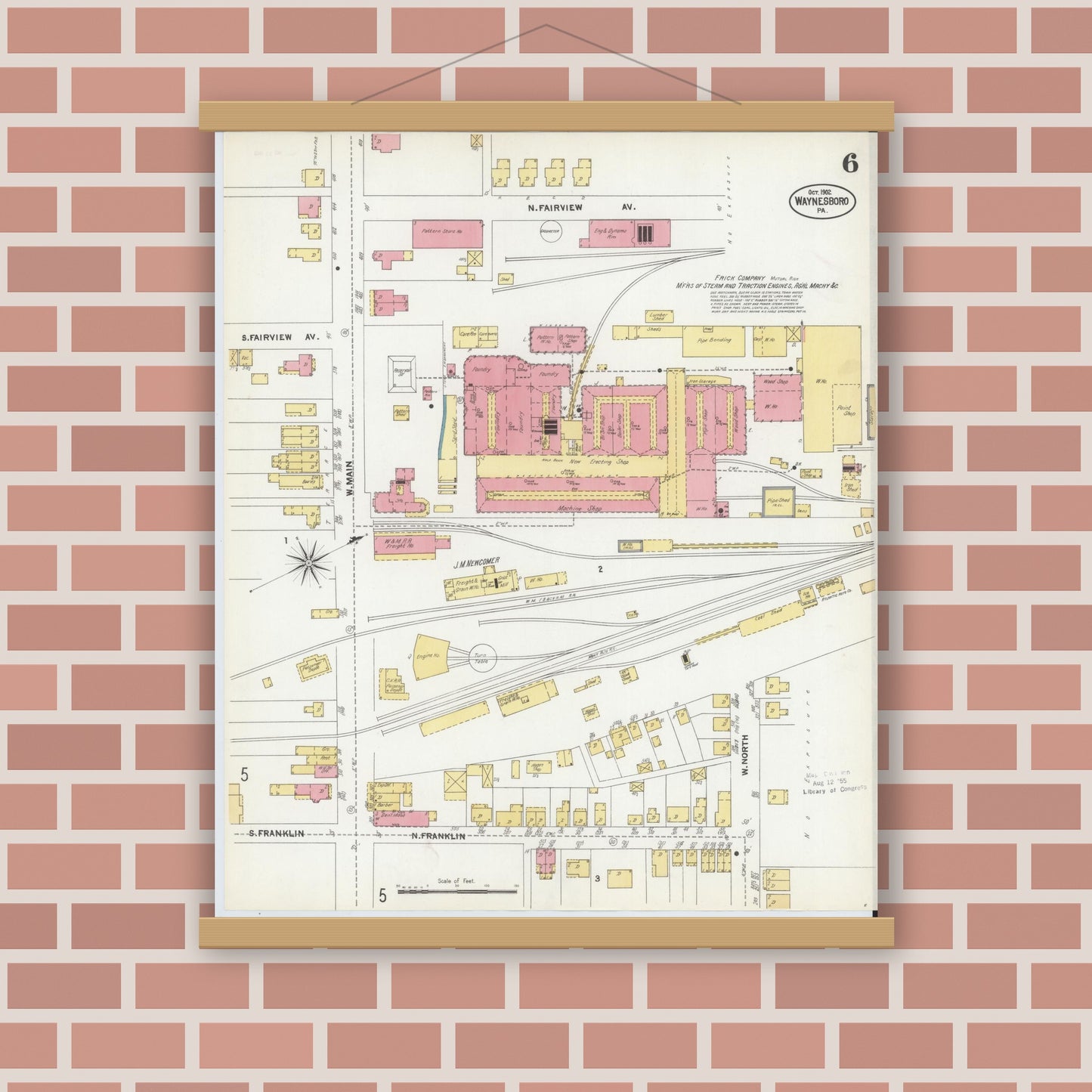 Old map wall art mockup — magnetic wood frame on brick wall — Sanborn Fire Insurance Map from Waynesboro, Franklin County, Pennsylvania (1902), Sheet #0006