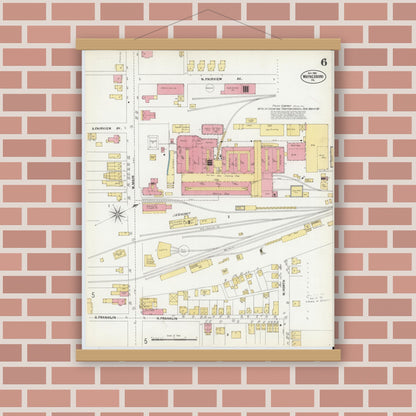 Old map wall art mockup — magnetic wood frame on brick wall — Sanborn Fire Insurance Map from Waynesboro, Franklin County, Pennsylvania (1902), Sheet #0006