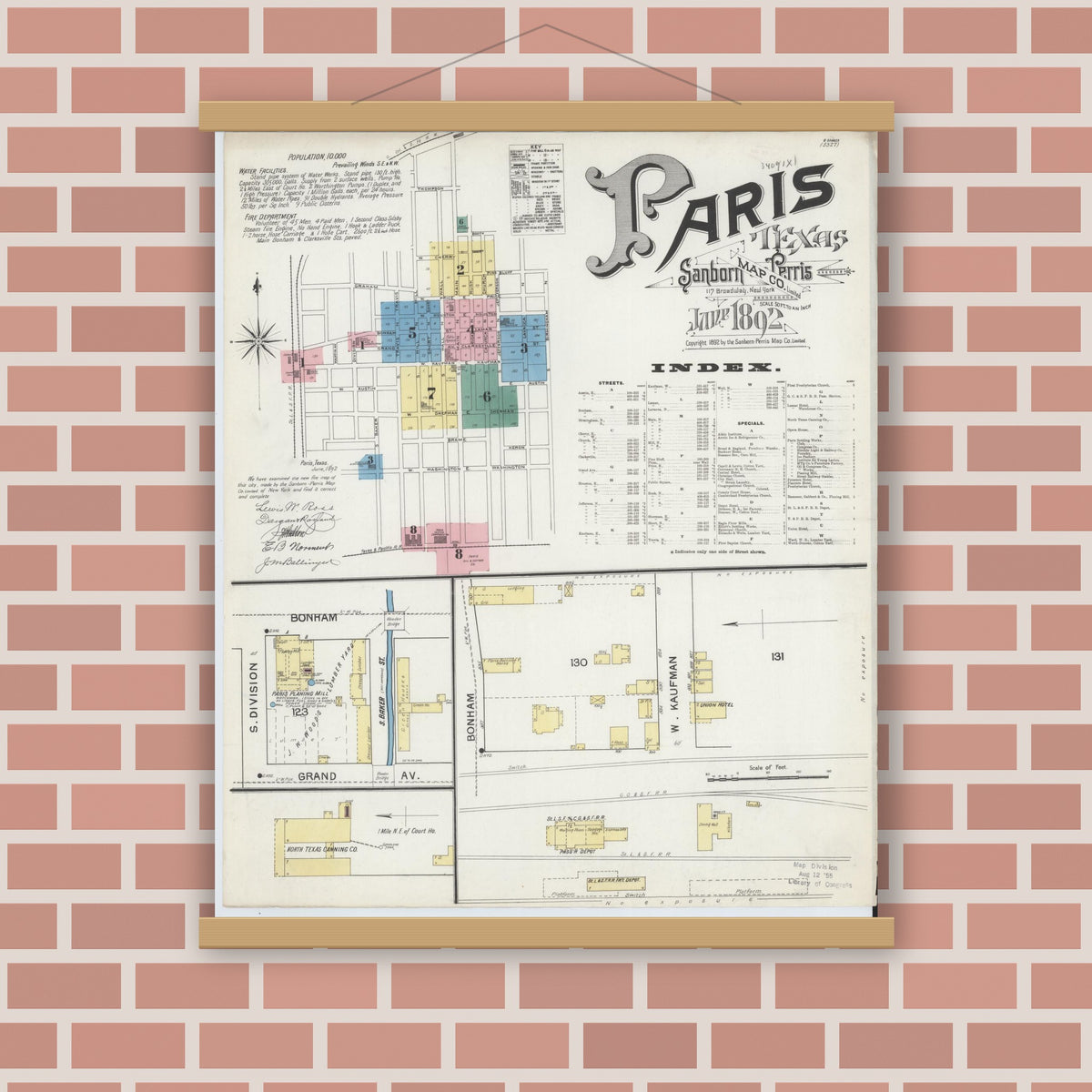 Old map wall art mockup — magnetic wood frame on brick wall — Sanborn Fire Insurance Map from Paris, Lamar County, Texas (1892), Sheet #0001
