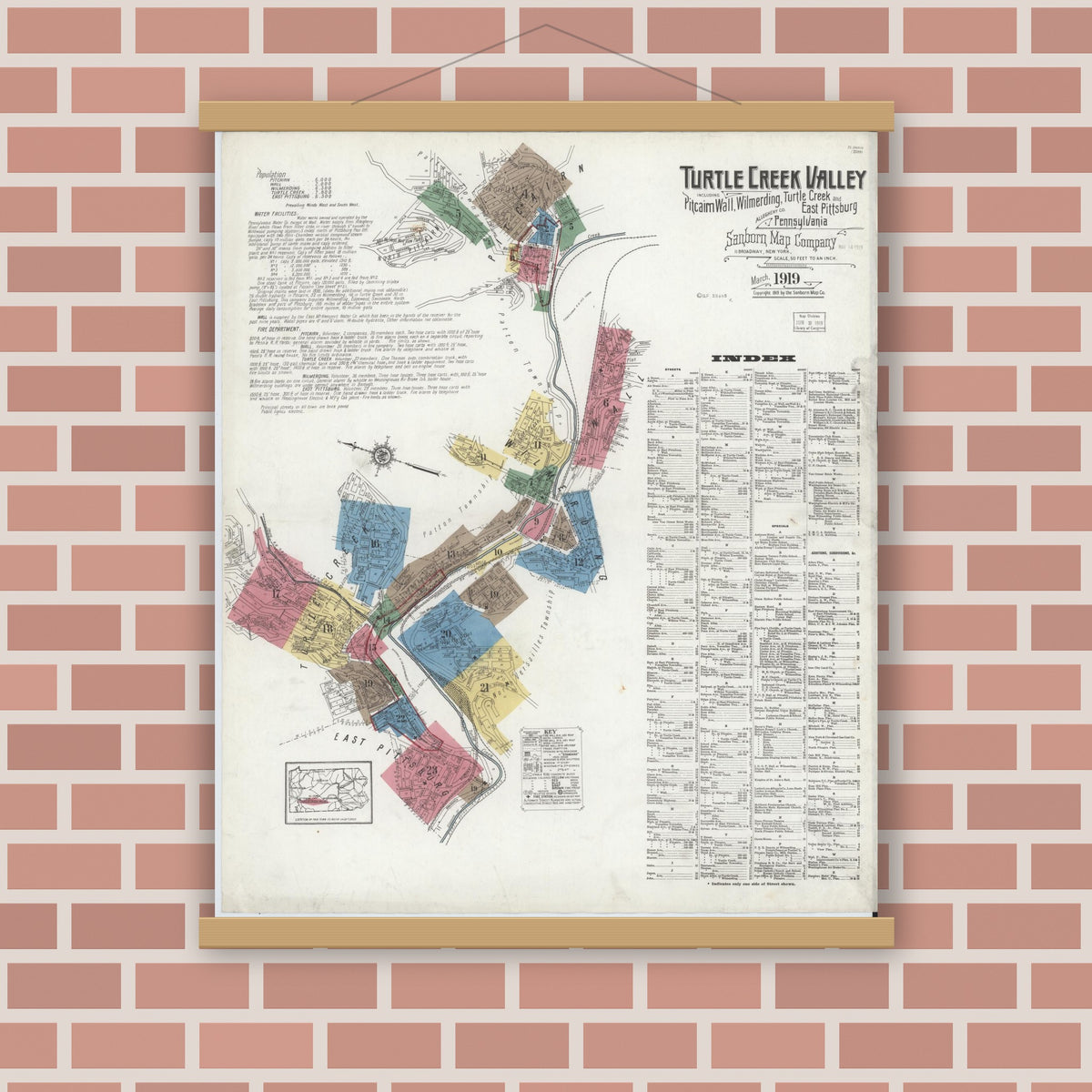 Old map wall art mockup — magnetic wood frame on brick wall — Sanborn Fire Insurance Map from Turtle Creek Valley, Allegheny County, Pennsylvania (1919) - Complete Map Set