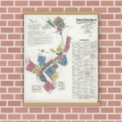 Old map wall art mockup — magnetic wood frame on brick wall — Sanborn Fire Insurance Map from Turtle Creek Valley, Allegheny County, Pennsylvania (1919) - Complete Map Set