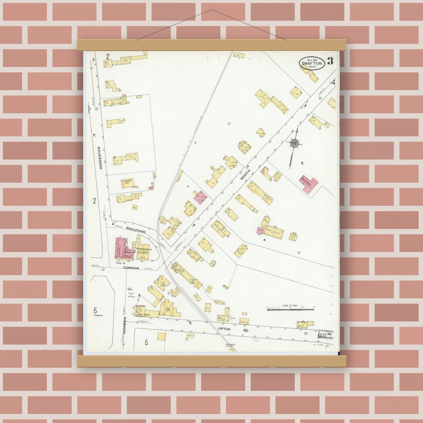 Old map wall art mockup — magnetic wood frame on brick wall — Sanborn Fire Insurance Map from Grafton, Worcester County, Massachusetts (1910), Sheet #0003