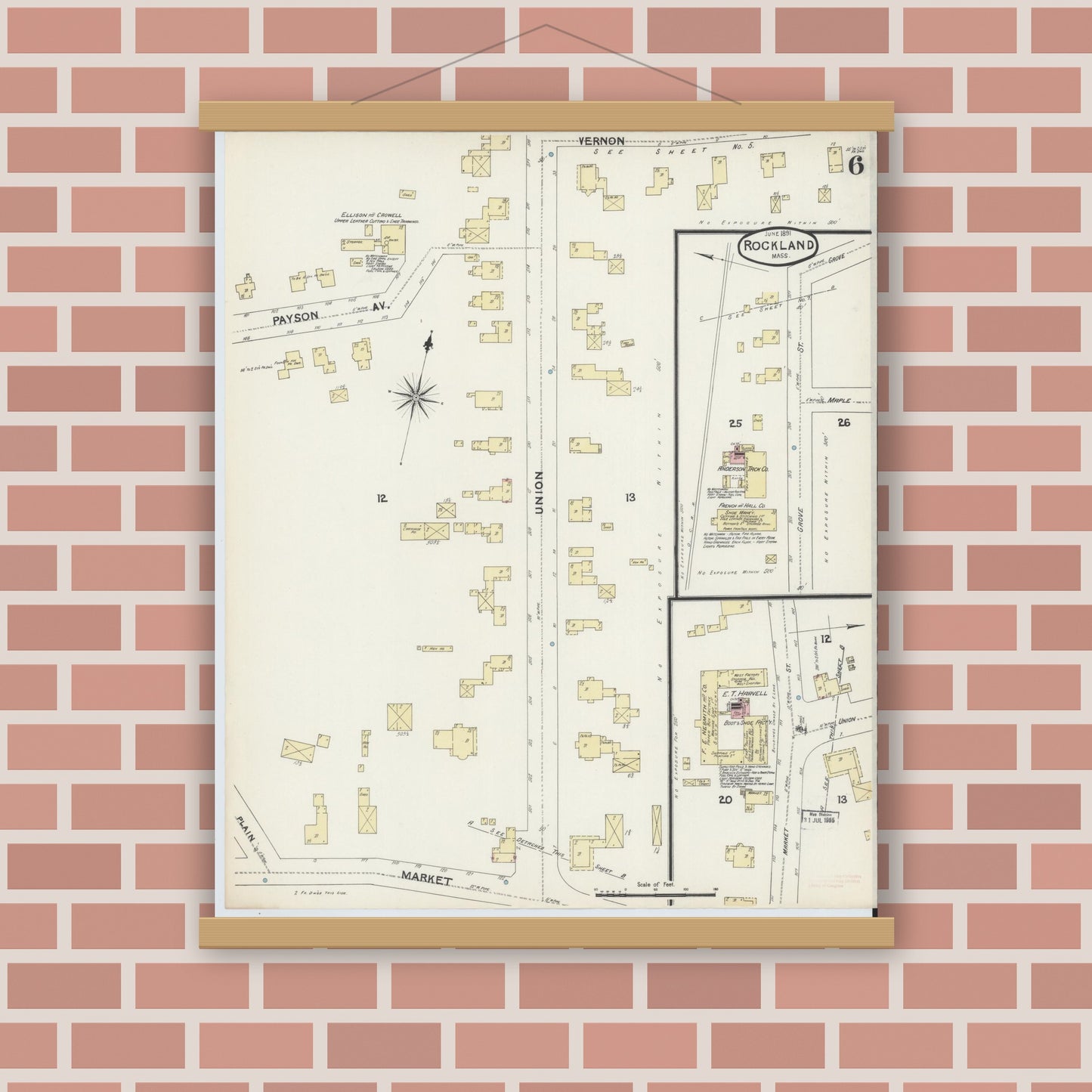 Old map wall art mockup — magnetic wood frame on brick wall — Sanborn Fire Insurance Map from Rockland, Plymouth County, Massachusetts (1891), Sheet #0006