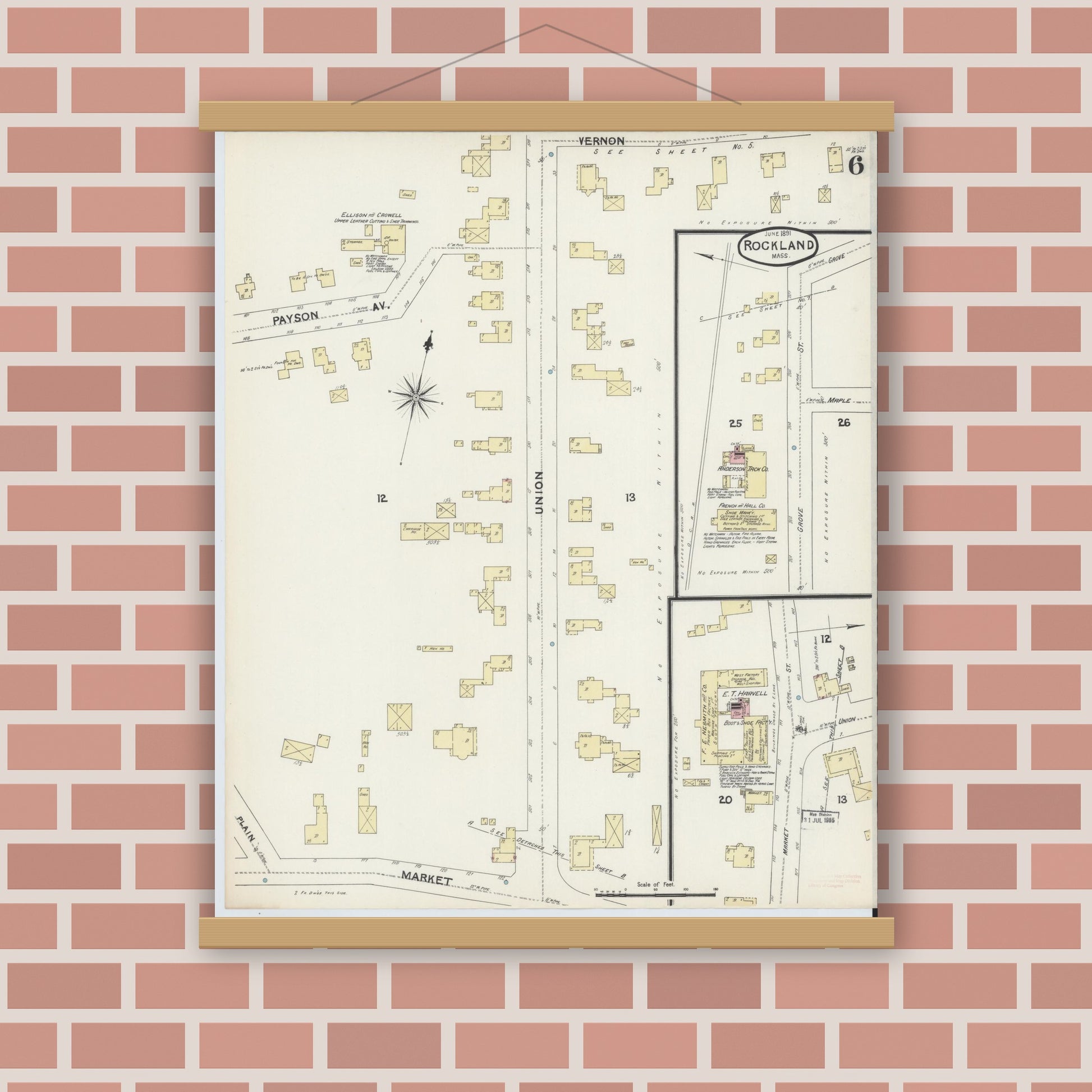 Old map wall art mockup — magnetic wood frame on brick wall — Sanborn Fire Insurance Map from Rockland, Plymouth County, Massachusetts (1891), Sheet #0006