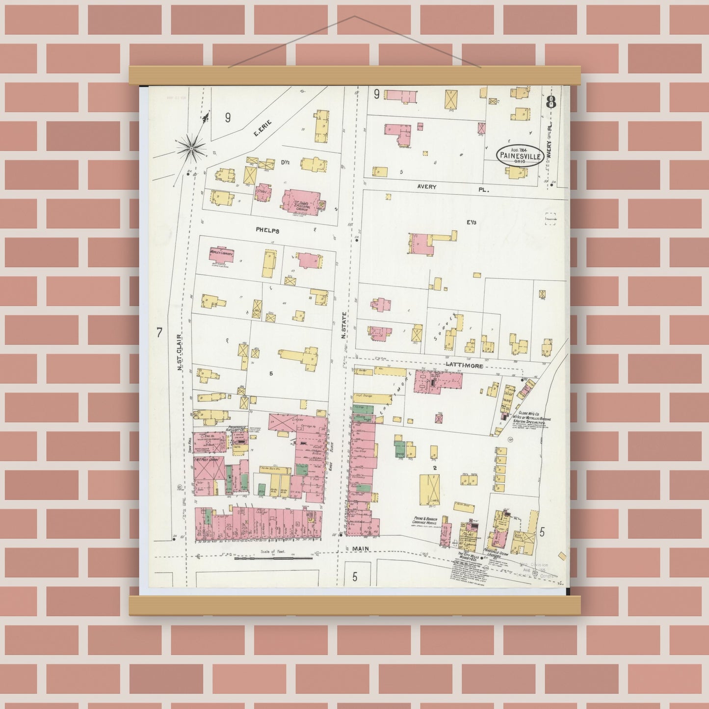 Old map wall art mockup — magnetic wood frame on brick wall — Sanborn Fire Insurance Map from Painesville, Lake County, Ohio (1904), Sheet #0008
