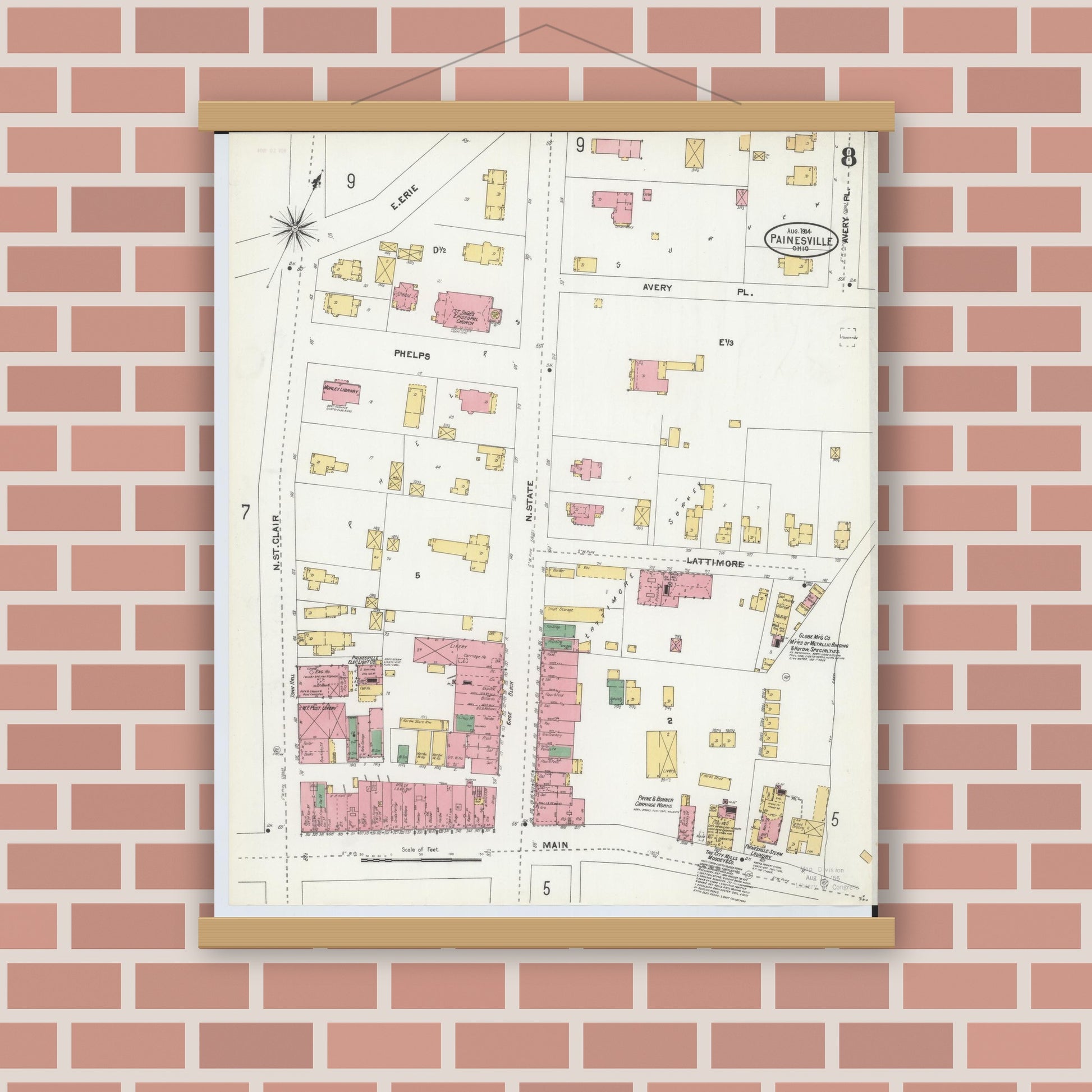 Old map wall art mockup — magnetic wood frame on brick wall — Sanborn Fire Insurance Map from Painesville, Lake County, Ohio (1904), Sheet #0008