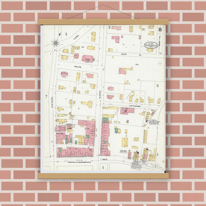 Old map wall art mockup — magnetic wood frame on brick wall — Sanborn Fire Insurance Map from Painesville, Lake County, Ohio (1904), Sheet #0008