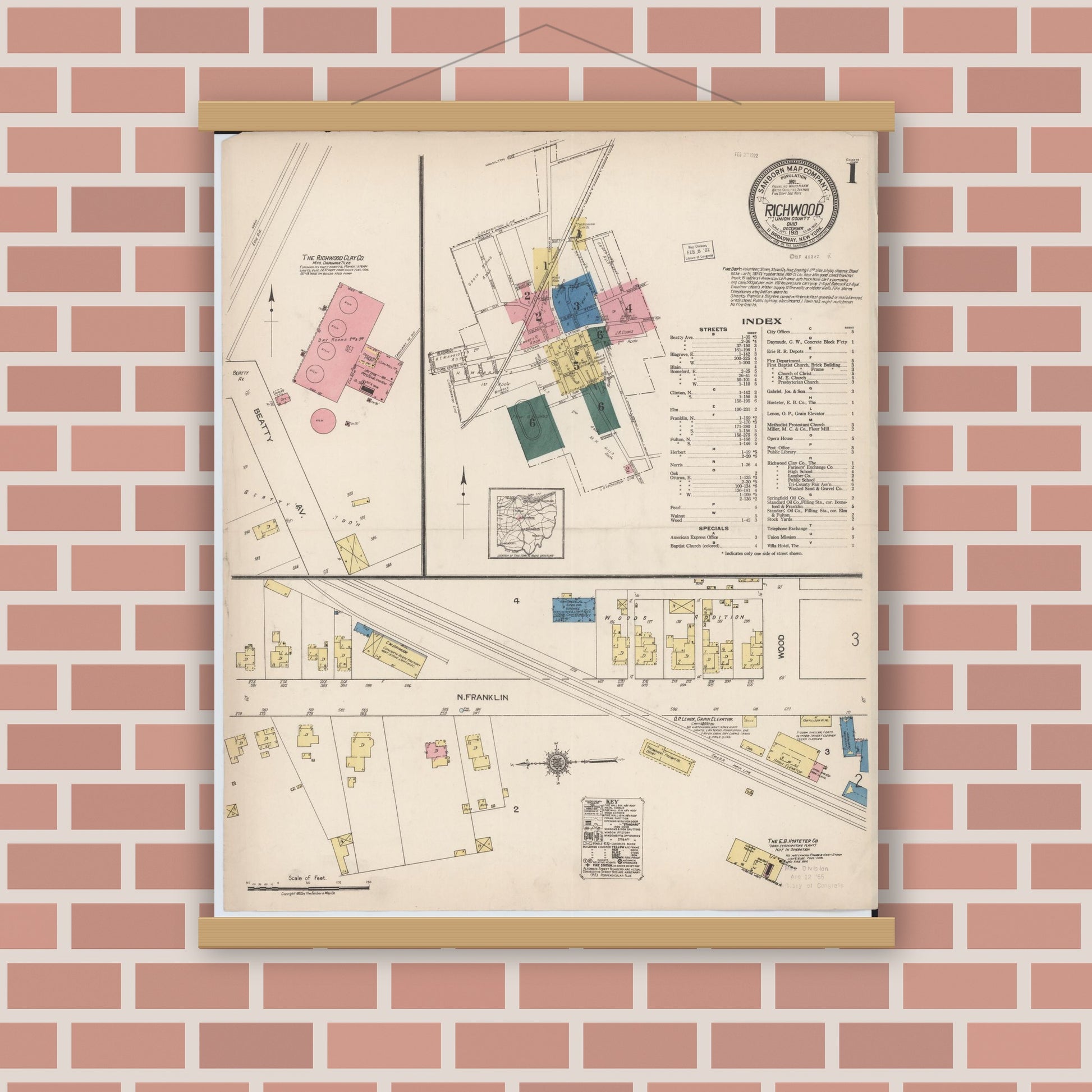 Old map wall art mockup — magnetic wood frame on brick wall — Sanborn Fire Insurance Map from Richwood, Union County, Ohio (1921), Sheet #0001